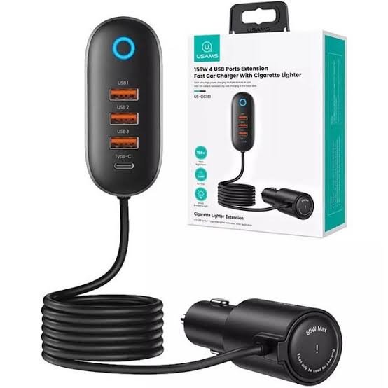 Usams US-CC161 156W 4 USB Ports Extension Fast Car Charger With Cigarette Lighter