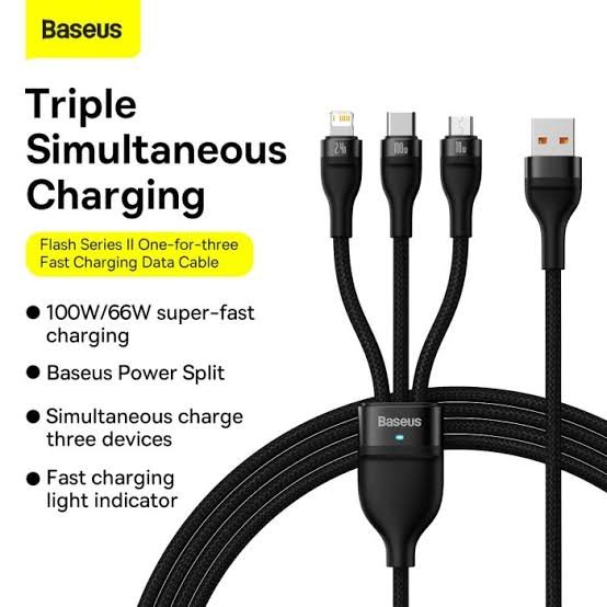 Baseus Flash Series II One-for-Three 100W 1.2m Fast Charging Data Cable USB to M+L+C (Black) - Image 2